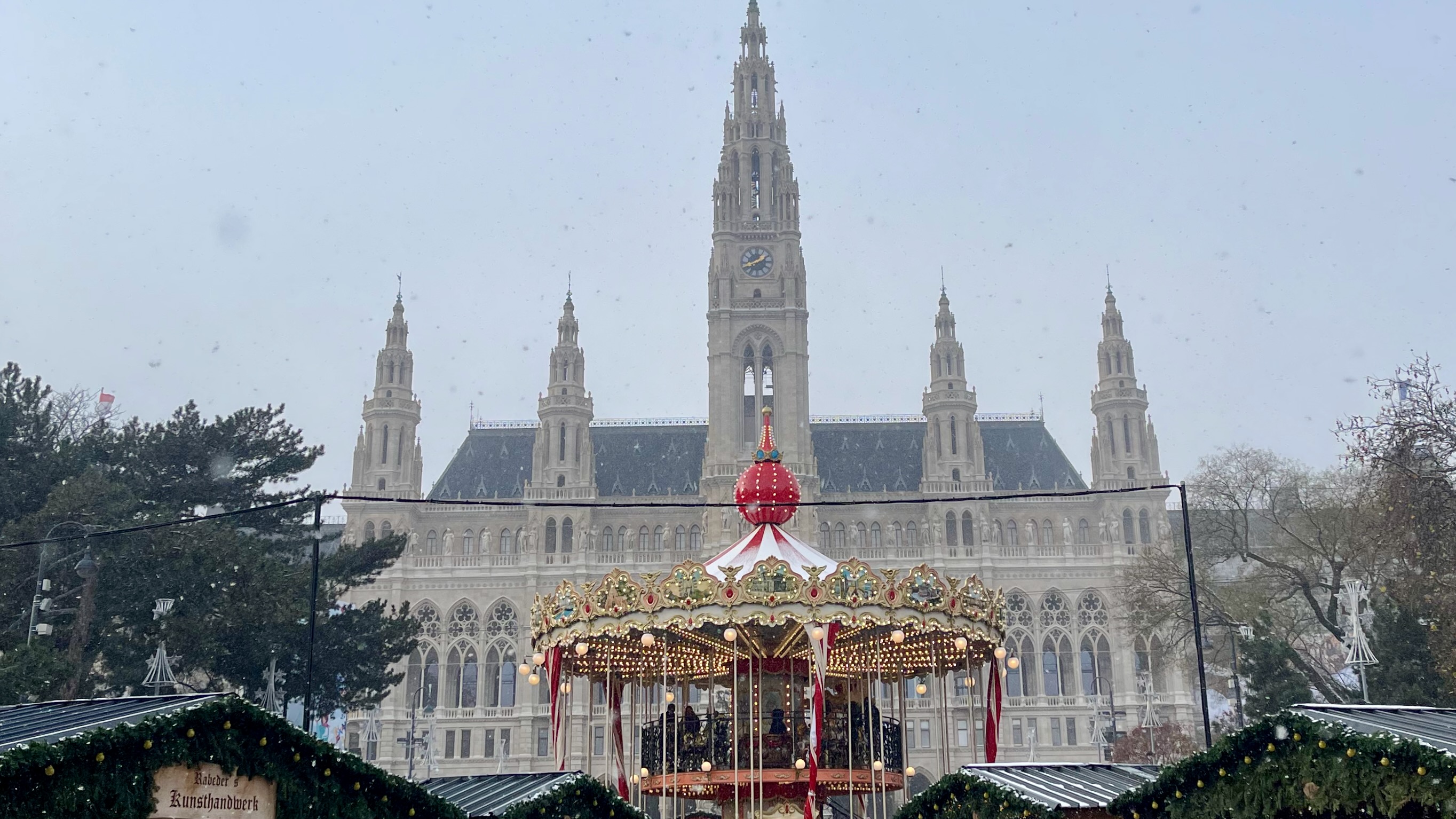 Vienna Rathausplatz christkindlmarkt on snowy day